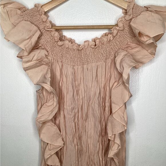 Mango NWOT Soft Blush Peach Ruffled Pleated Crinkle Off Shoulder Date Top M - Picture 6 of 8